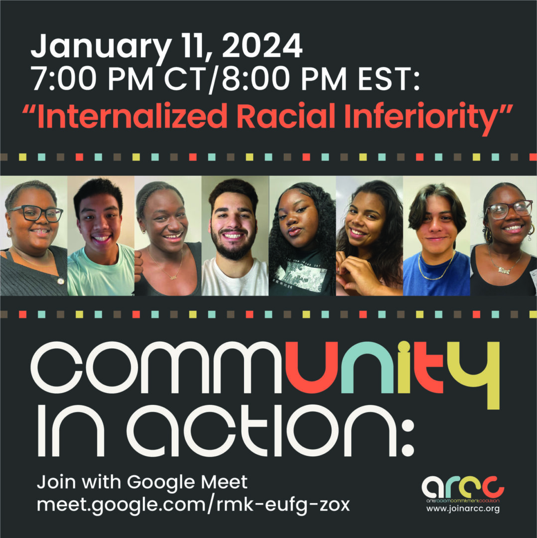 An announcement for a virtual event titled "internalized racial inferiority" scheduled for january 11, 2024, at 7:00 pm ct/8:00 pm et, featuring a mosaic of diverse smiling faces and details for joining on google meet.