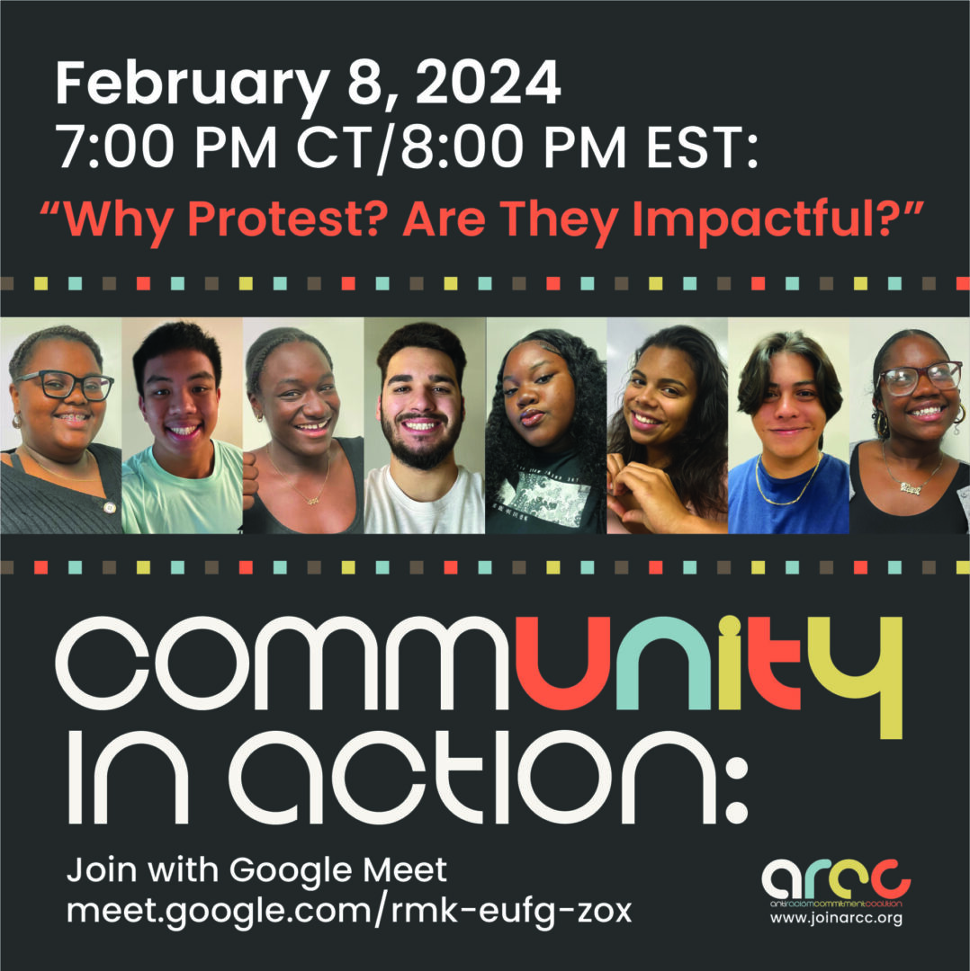 Promotional graphic for a virtual event titled "community in action" scheduled for february 8, 2024, discussing the impact and reasons for protest, featuring a diverse group of smiling individuals.