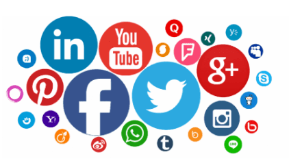 Social media logos including Facebook, Twitter, and YouTube.