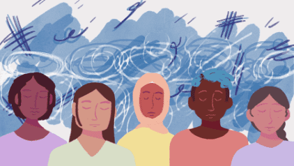 Five women with closed eyes in a storm