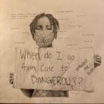 Pencil drawing of a child holding a sign.