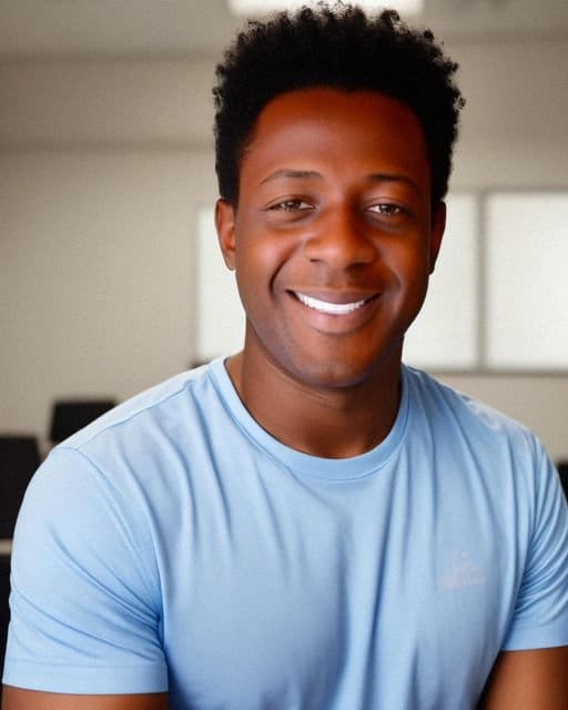 Smiling man wearing a blue t-shirt.