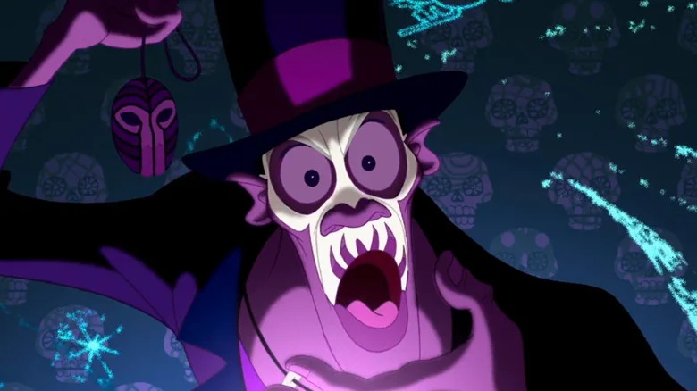 Animated purple villain in top hat holding mask