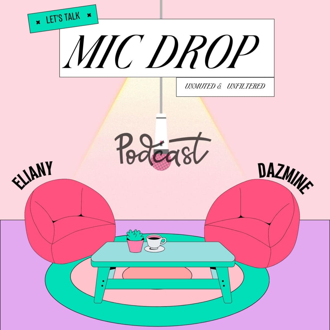 Pastel podcast cover with two chairs and microphone