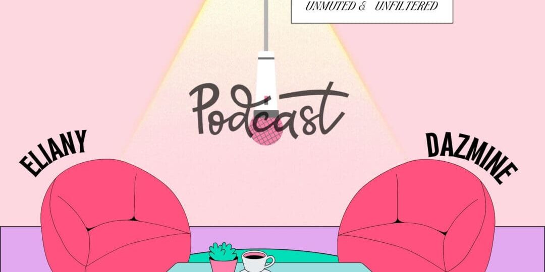 Pastel podcast cover with two chairs and microphone